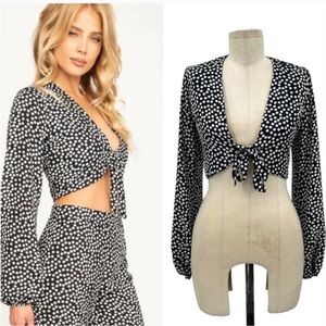 RESA Cha Cha Crop Top Black White Polka Dot Tie Front